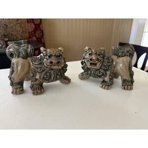 Japanese Ceramic Shishi Lion Dog Pair Statues Beige Brown Black Japan